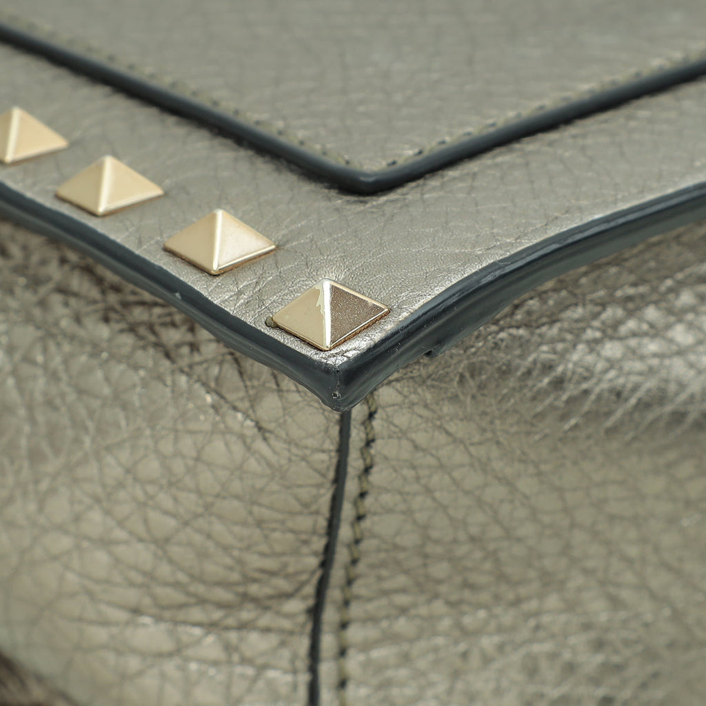 Valentino Metallic Greyish Olive Rockstud Top Handle Convertible Flap Bag