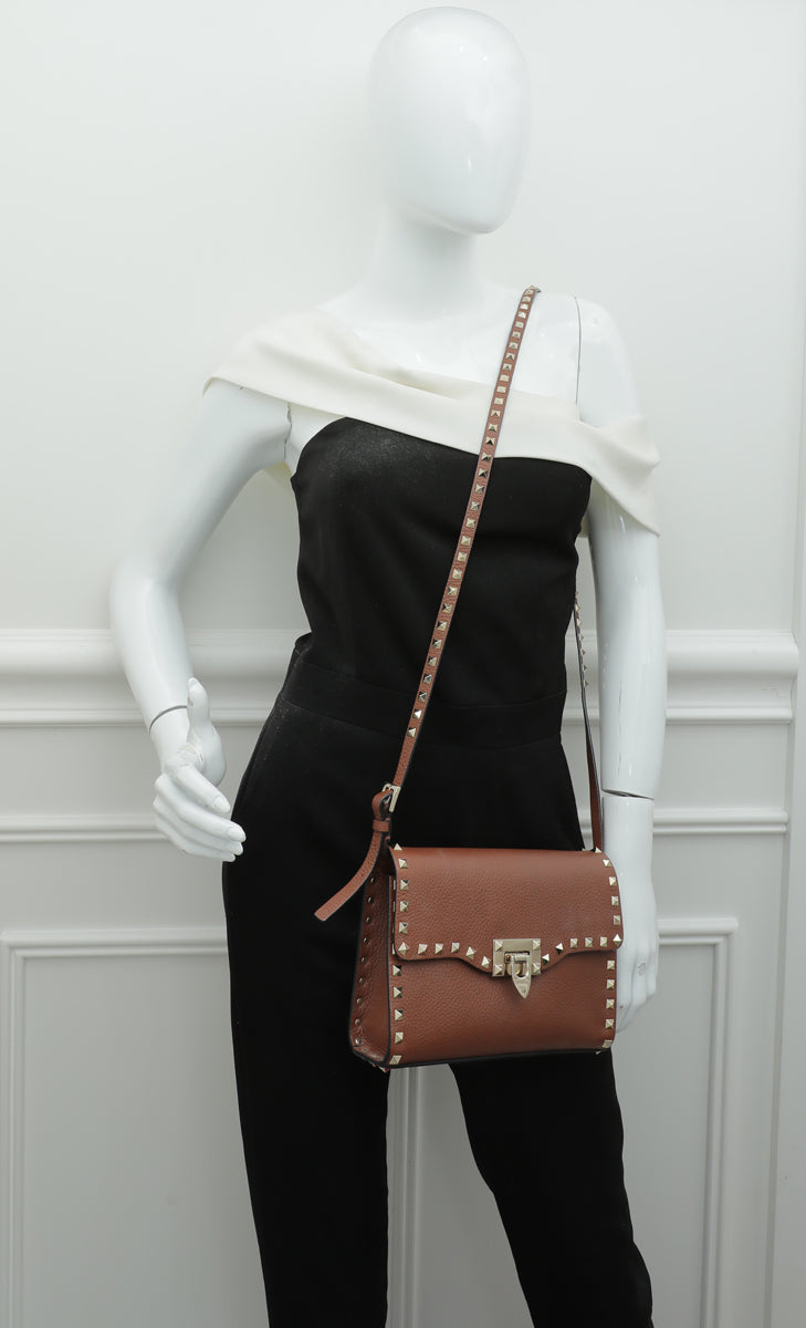 Valentino Brown Rockstud  Flap Small Crossbody Bag