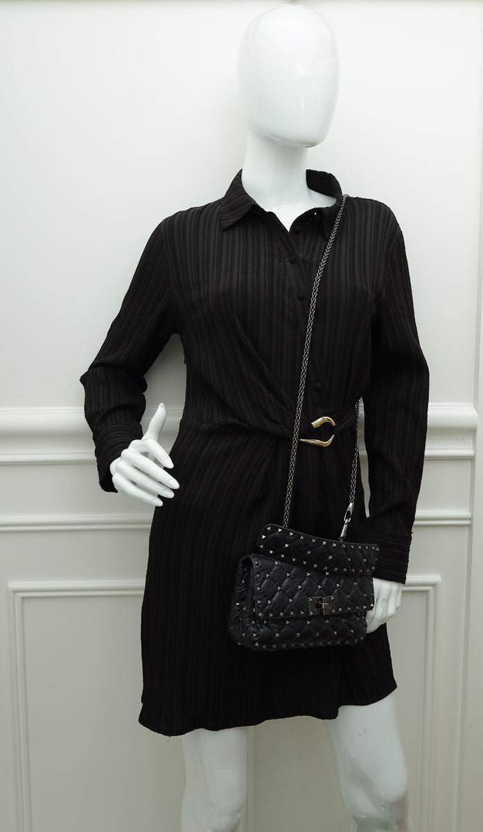 Valentino Black Rockstud Spike Flap Small Chain Bag