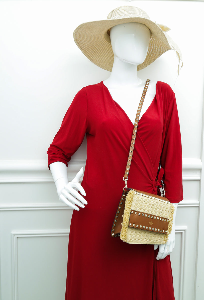 Valentino Bicolor Raffia & Calf Rockstud Crossbody Bag