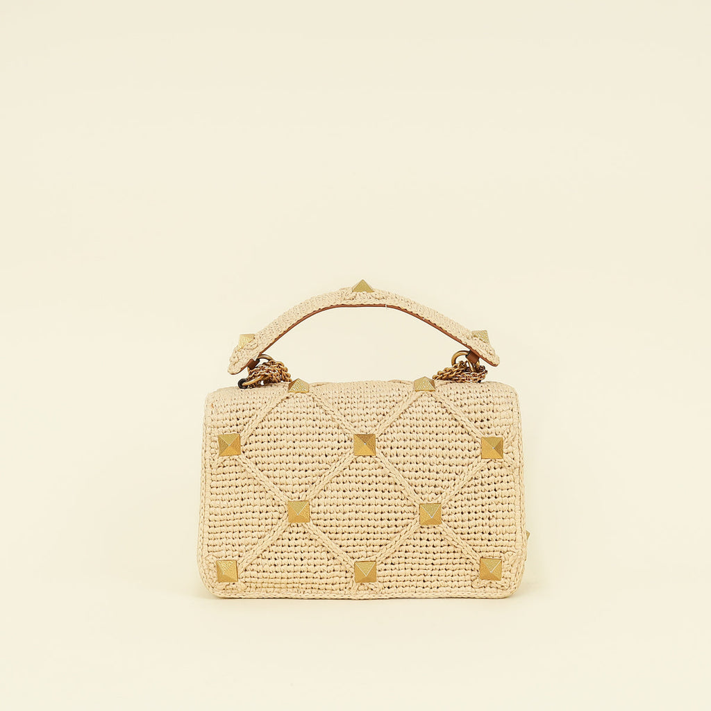 Valentino Bicolor Roman Studs Woven Raffia Large Flap Bag