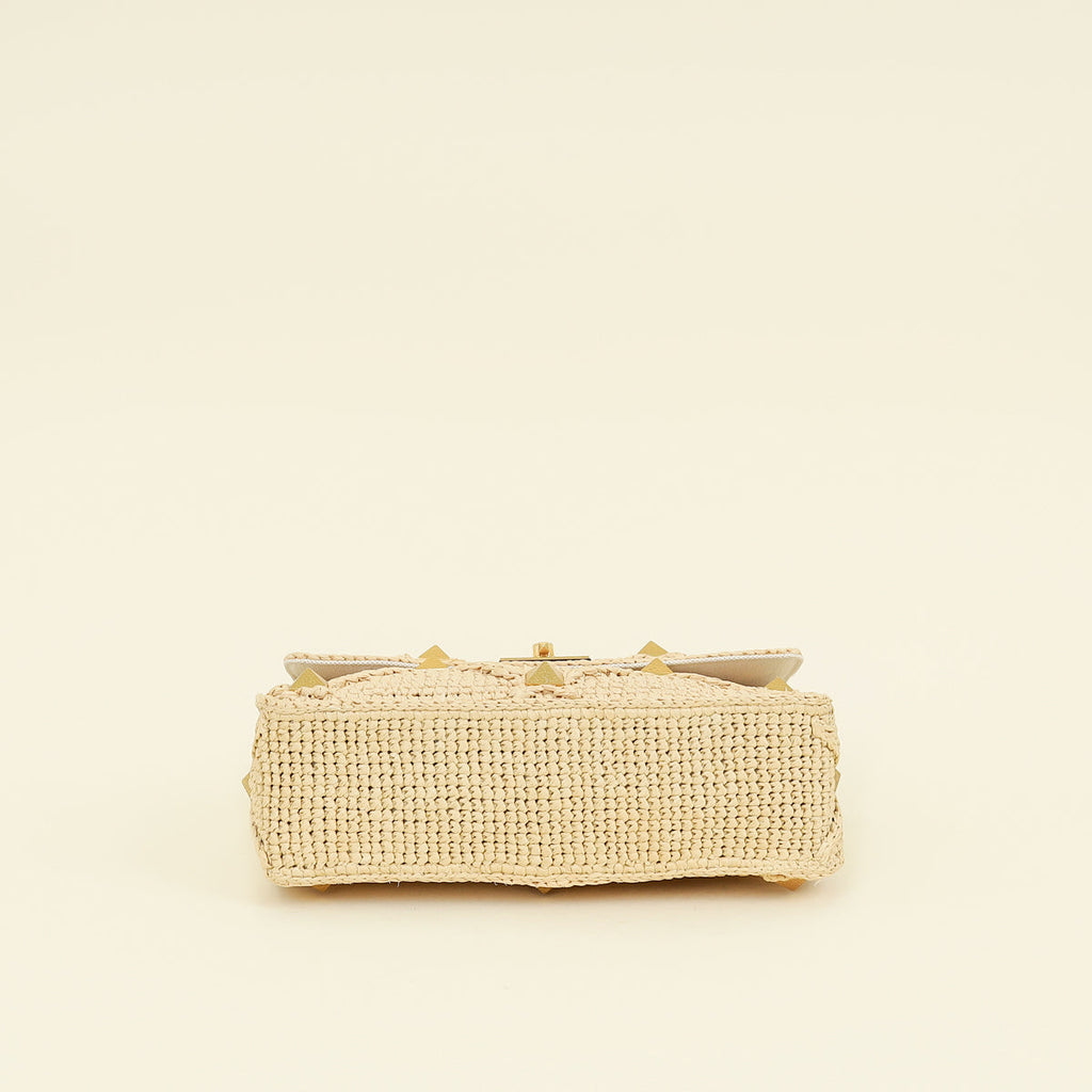 Valentino Bicolor Roman Studs Woven Raffia Large Flap Bag