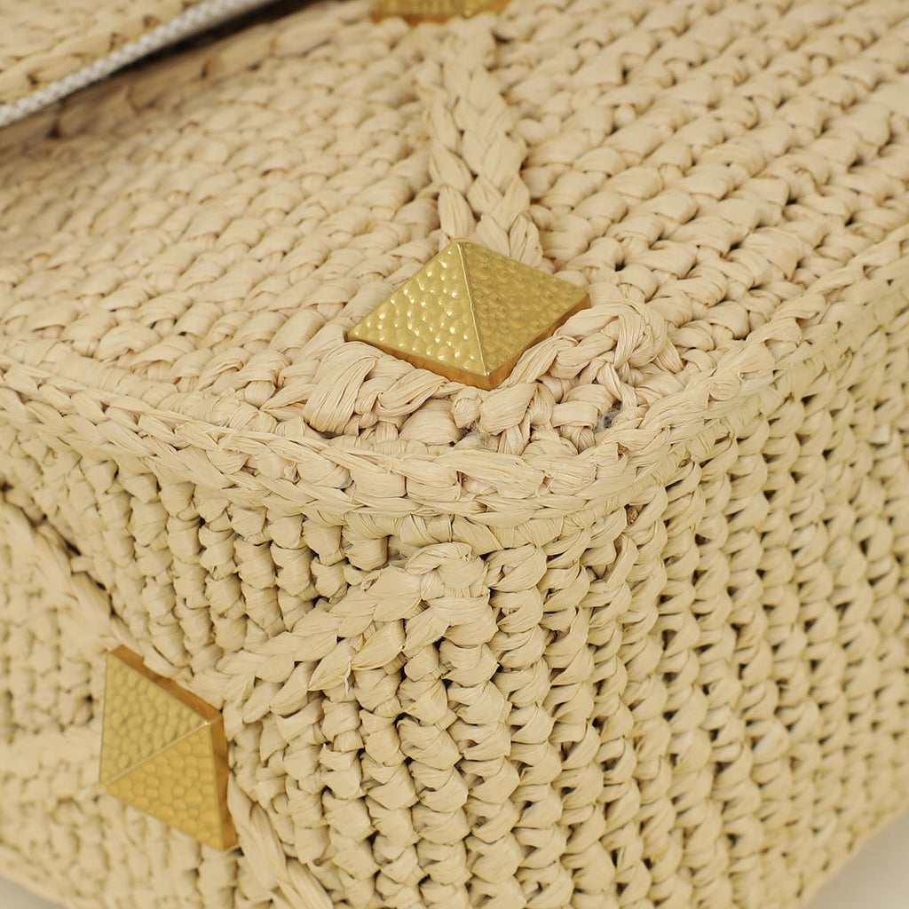Valentino Bicolor Roman Studs Woven Raffia Large Flap Bag