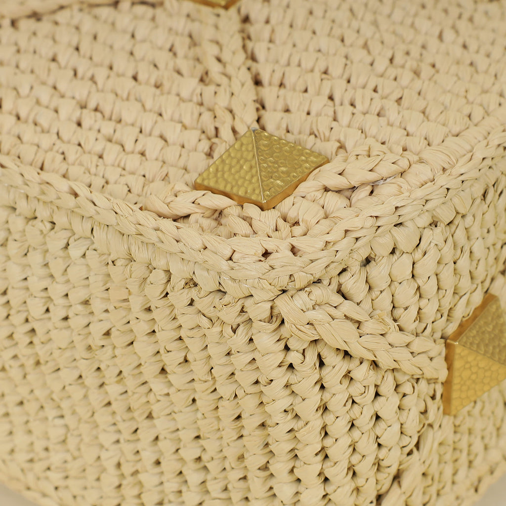Valentino Bicolor Roman Studs Woven Raffia Large Flap Bag