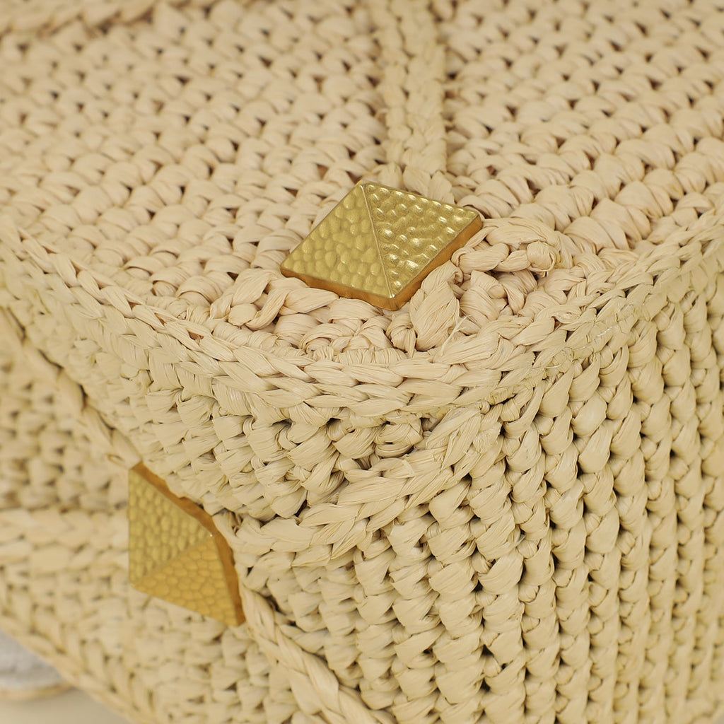 Valentino Bicolor Roman Studs Woven Raffia Large Flap Bag