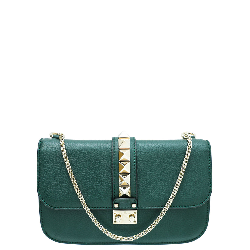 Valentino Forest Green Rockstud Glam Lock Flap Medium Bag