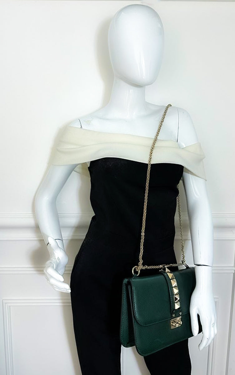Valentino Forest Green Rockstud Glam Lock Flap Medium Bag