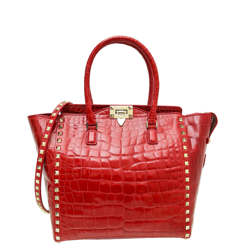 Valentino Red Shiny Crocodile Rockstud Double Handle Tote Bag