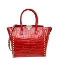 Valentino Red Shiny Crocodile Rockstud Double Handle Tote Bag