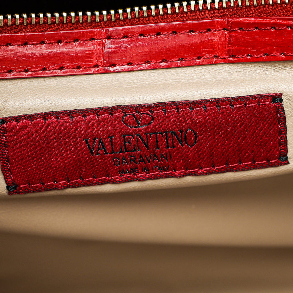 Valentino Red Shiny Crocodile Rockstud Double Handle Tote Bag