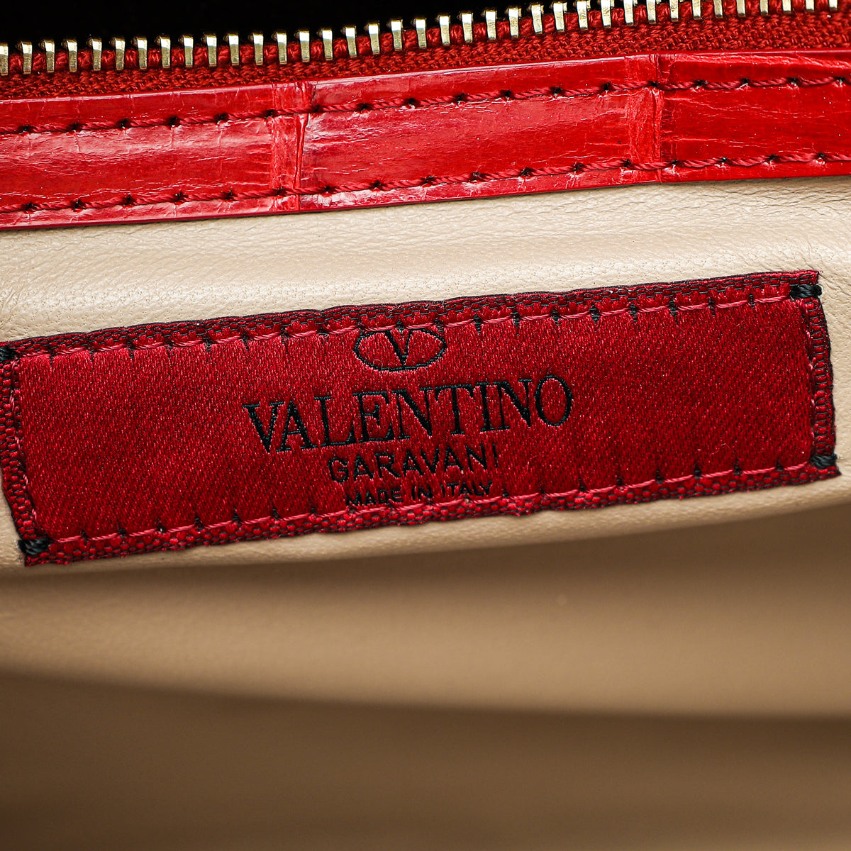 Valentino Red Shiny Crocodile Rockstud Double Handle Tote Bag