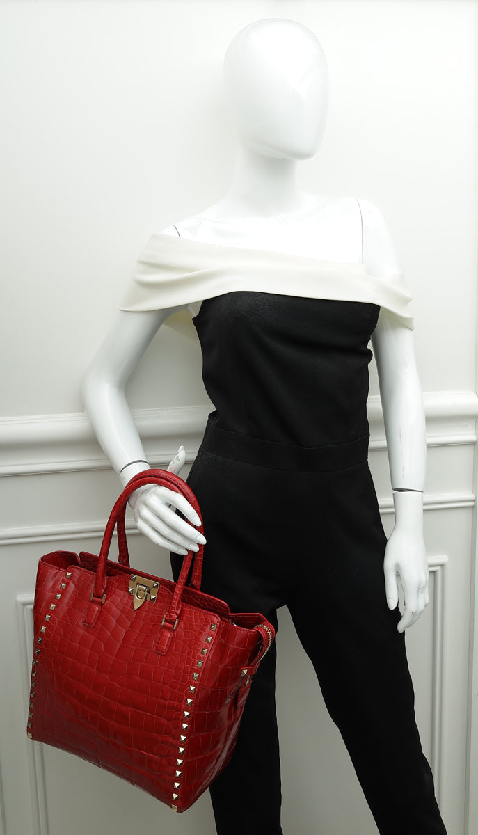 Valentino Red Shiny Crocodile Rockstud Double Handle Tote Bag