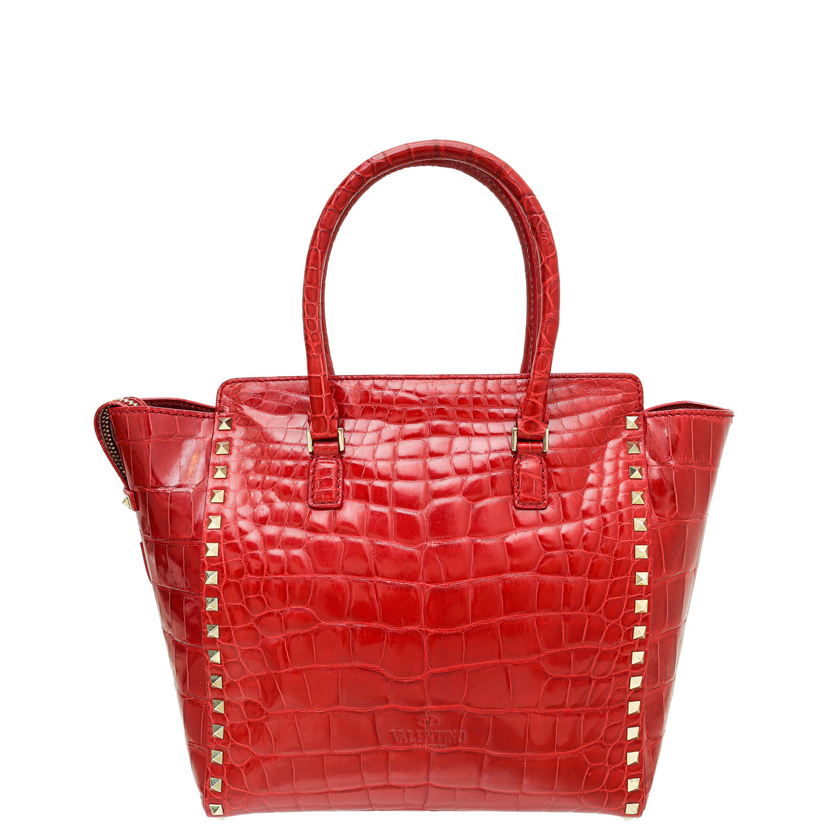 Valentino Red Shiny Crocodile Rockstud Double Handle Tote Bag