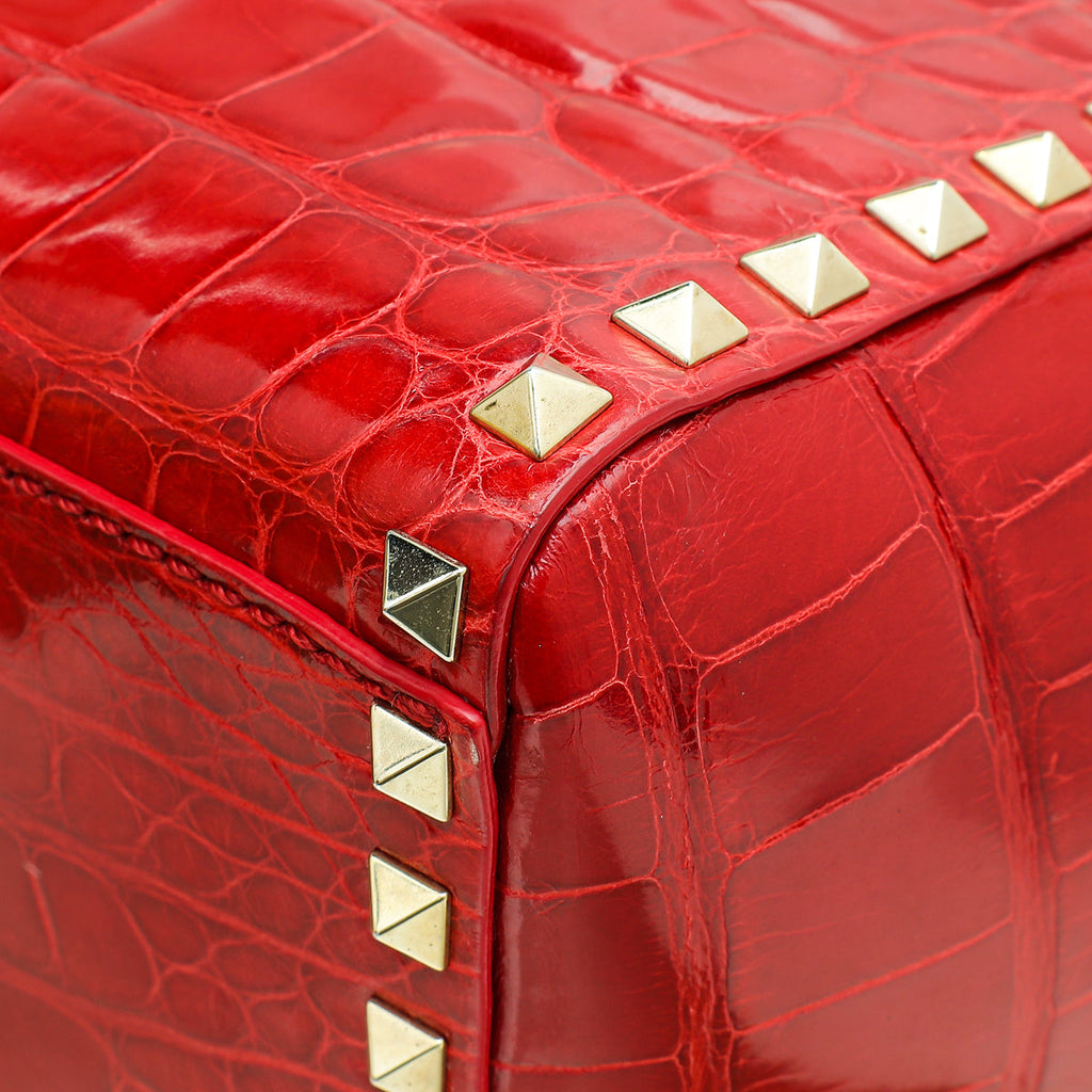 Valentino Red Shiny Crocodile Rockstud Double Handle Tote Bag