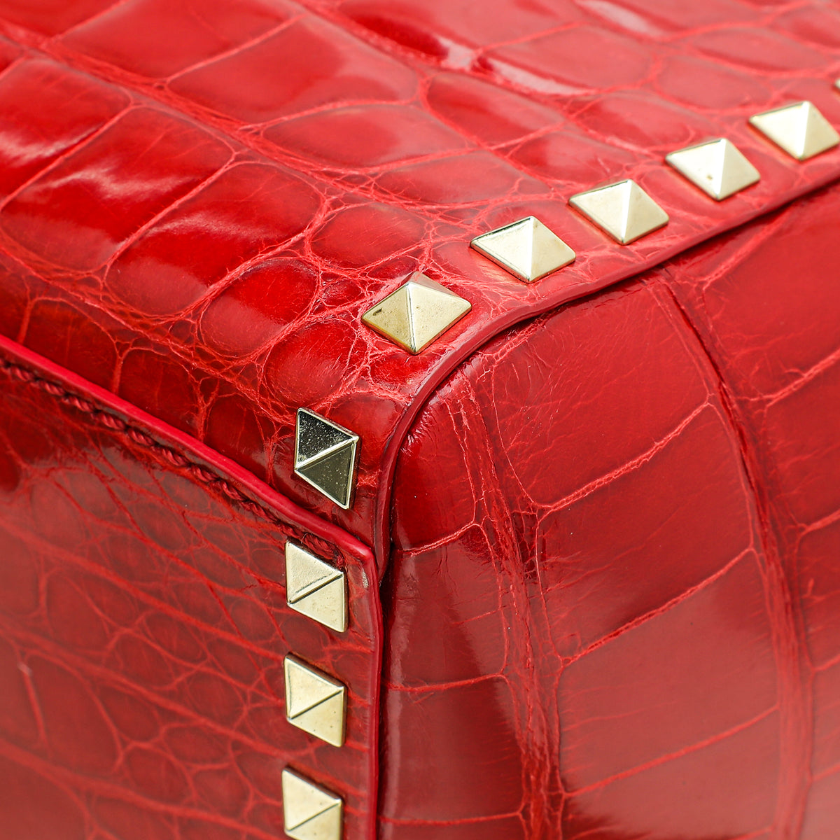 Valentino Red Shiny Crocodile Rockstud Double Handle Tote Bag