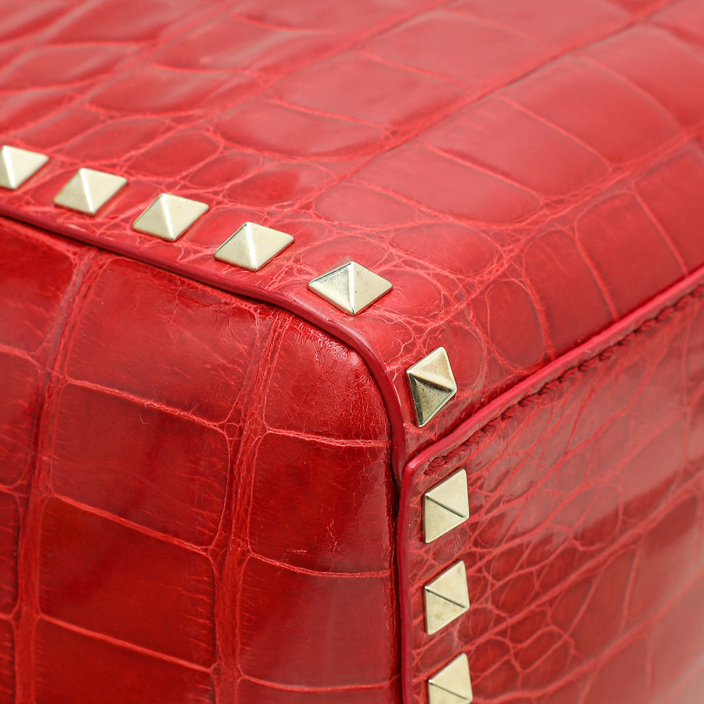 Valentino Red Shiny Crocodile Rockstud Double Handle Tote Bag