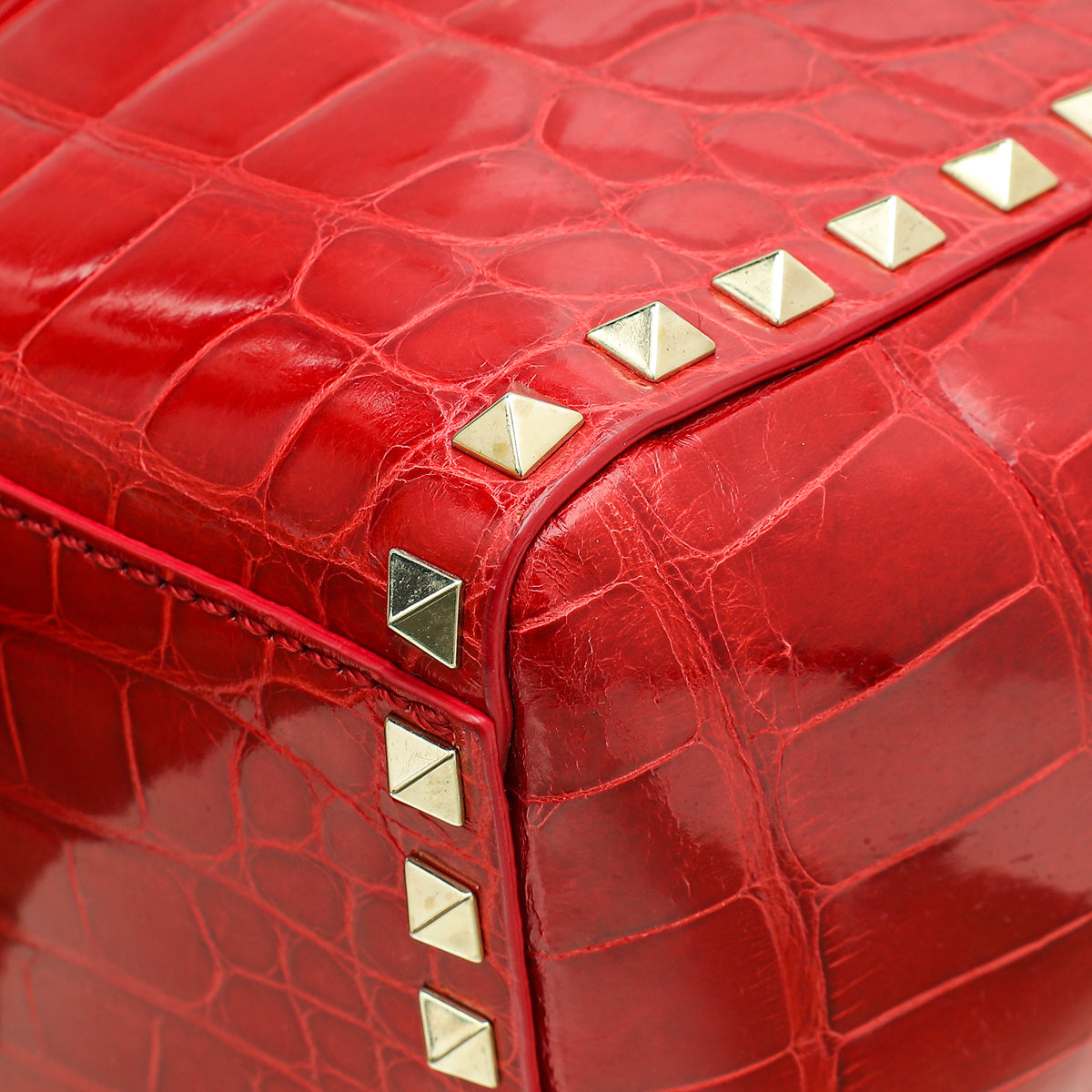 Valentino Red Shiny Crocodile Rockstud Double Handle Tote Bag