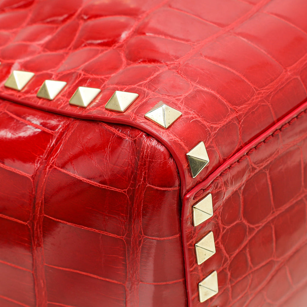Valentino Red Shiny Crocodile Rockstud Double Handle Tote Bag