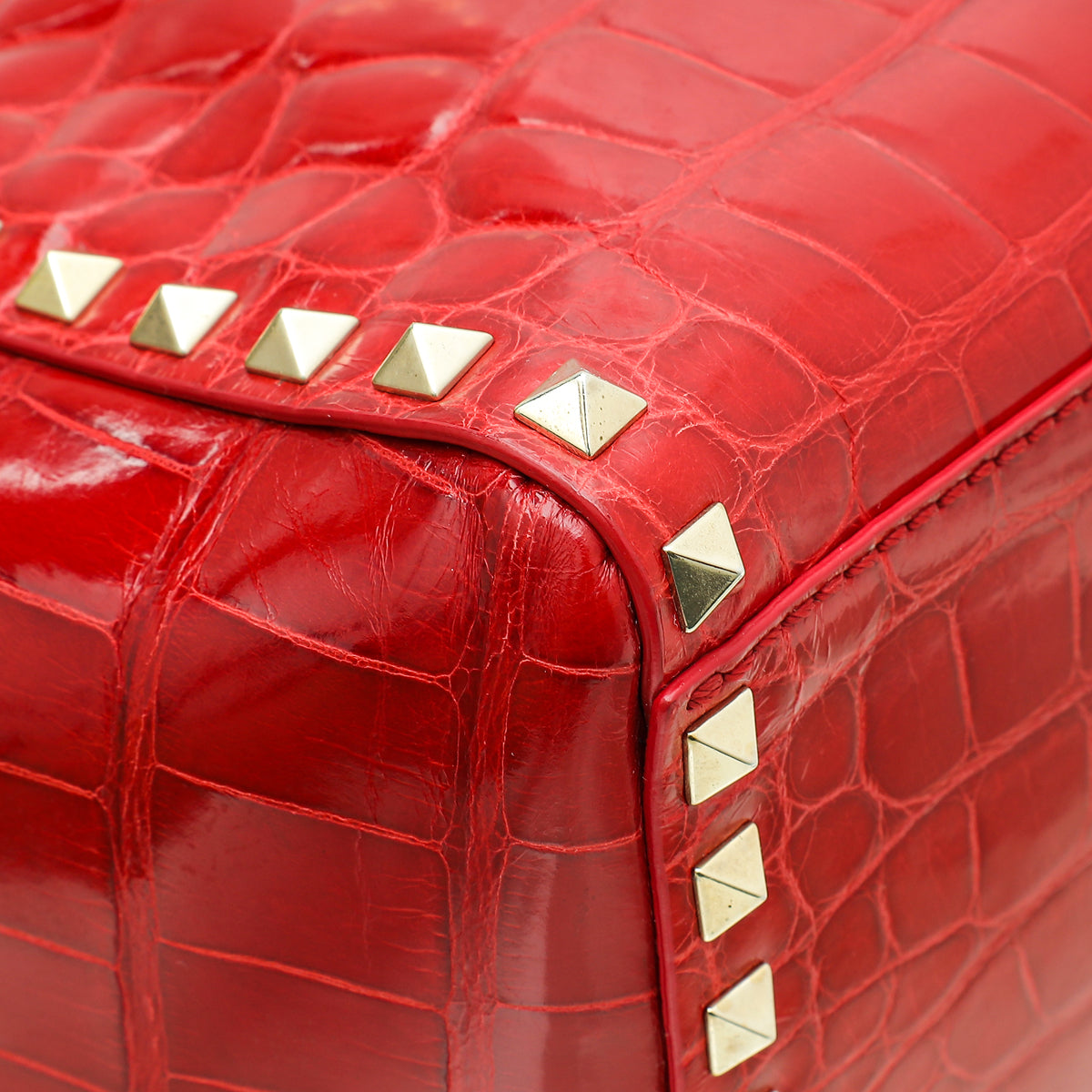 Valentino Red Shiny Crocodile Rockstud Double Handle Tote Bag