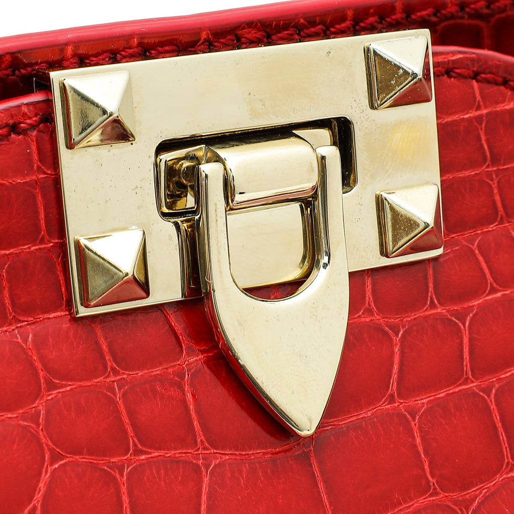 Valentino Red Shiny Crocodile Rockstud Double Handle Tote Bag