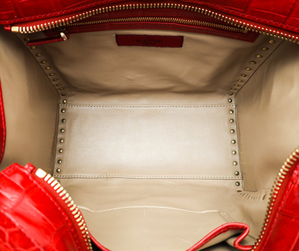 Valentino Red Shiny Crocodile Rockstud Double Handle Tote Bag