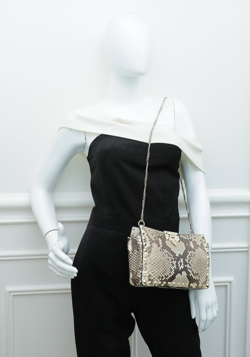 Valentino Natural Python Rockstud Chain Clutch