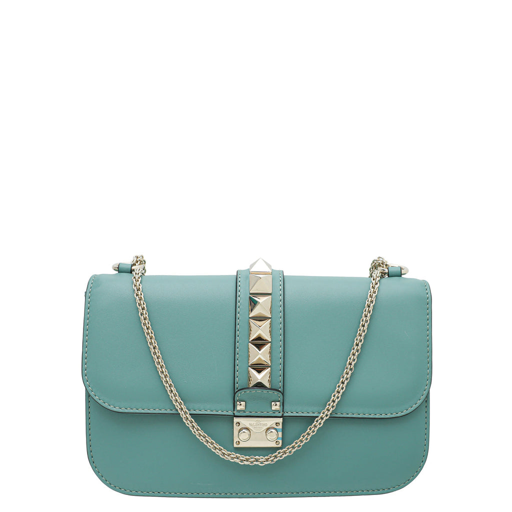 Valentino Aqua Green Glamlock Rockstud Medium Flap Chain Bag