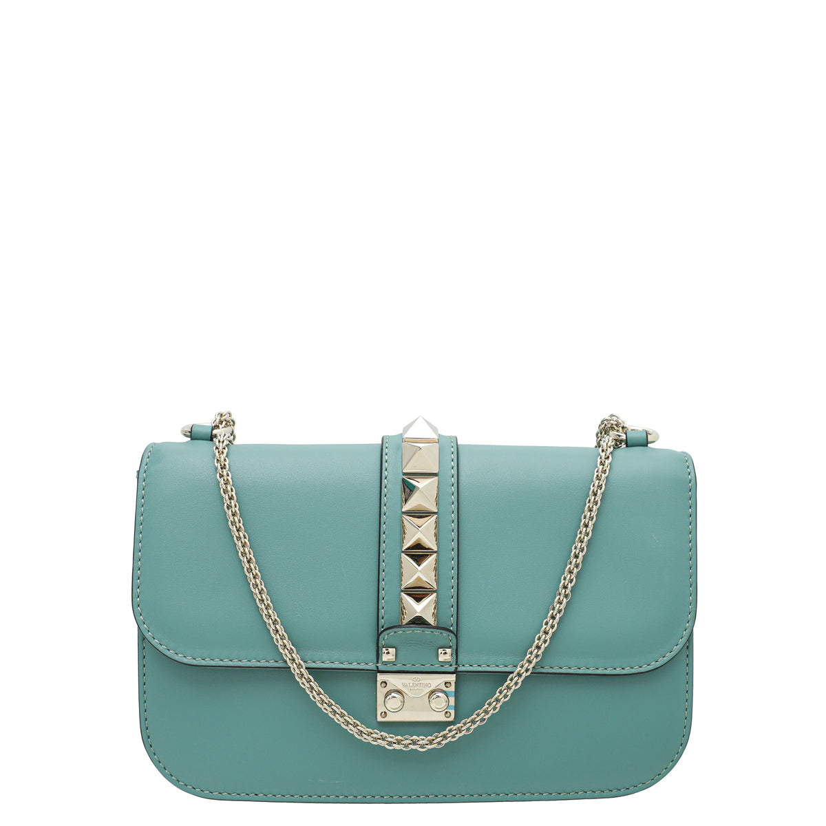 Valentino Aqua Green Glamlock Rockstud Medium Flap Chain Bag