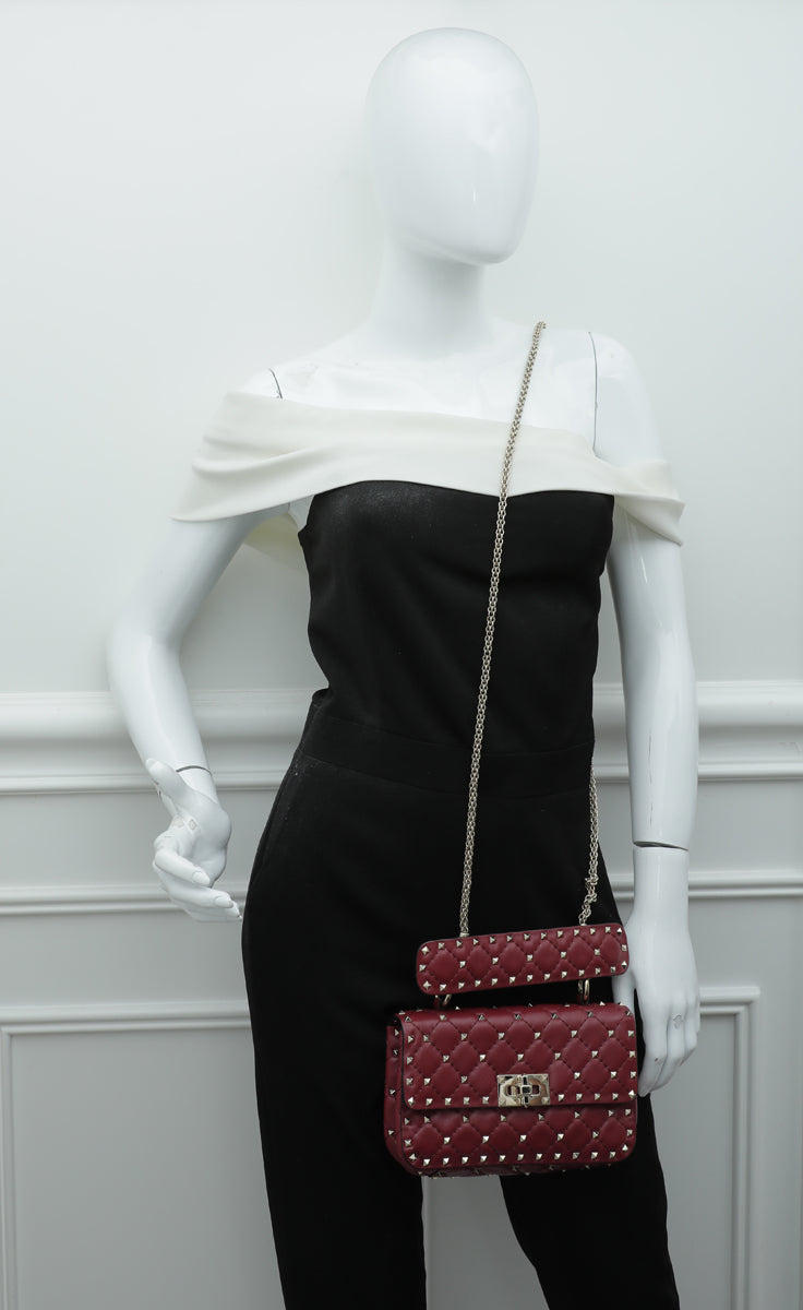 Valentino Burgundy Rockstud Spike Small Chain Bag