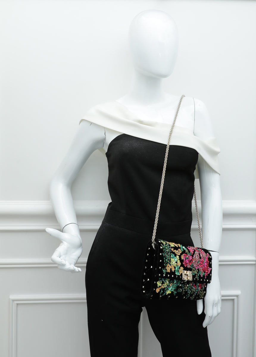 Valentino Black Multicolor Velvet Sequins Spike Rockstud Wallet On Chain