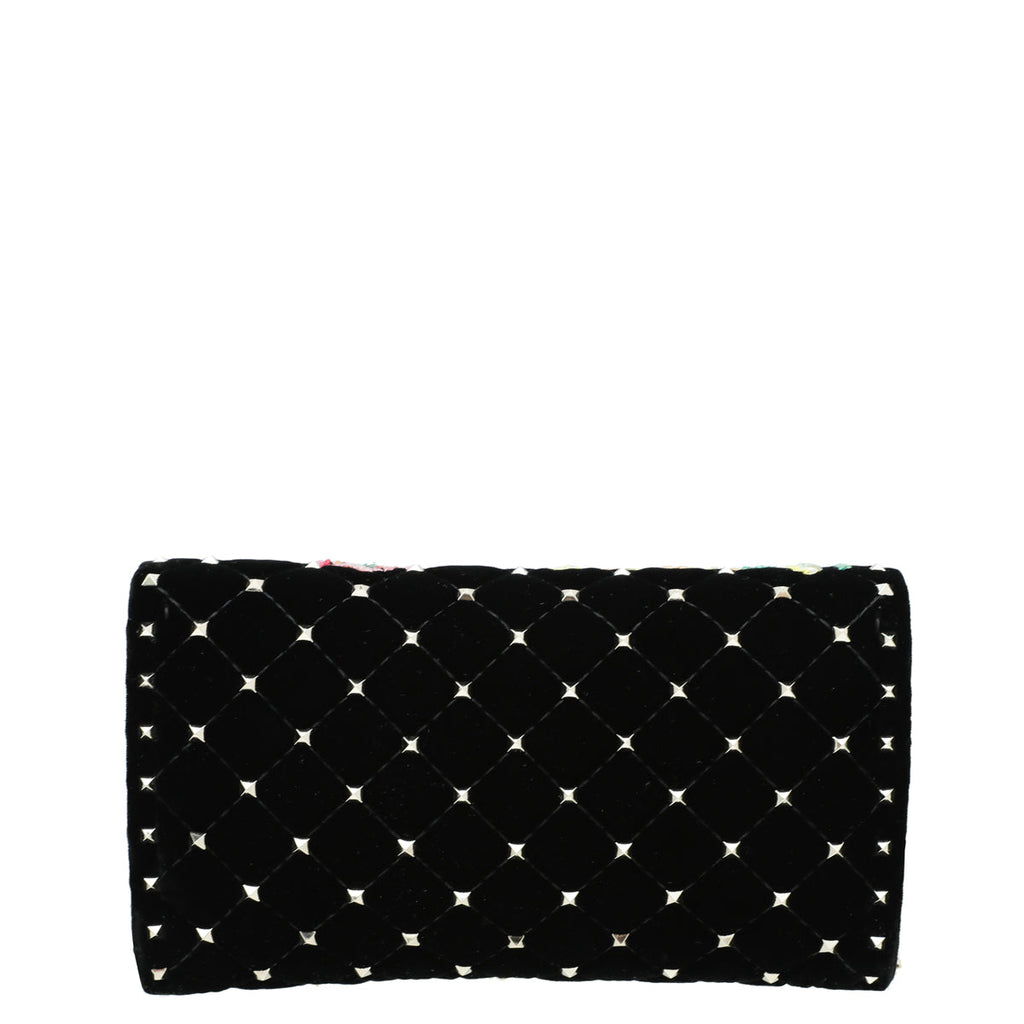 Valentino Black Multicolor Velvet Sequins Spike Rockstud Wallet On Chain