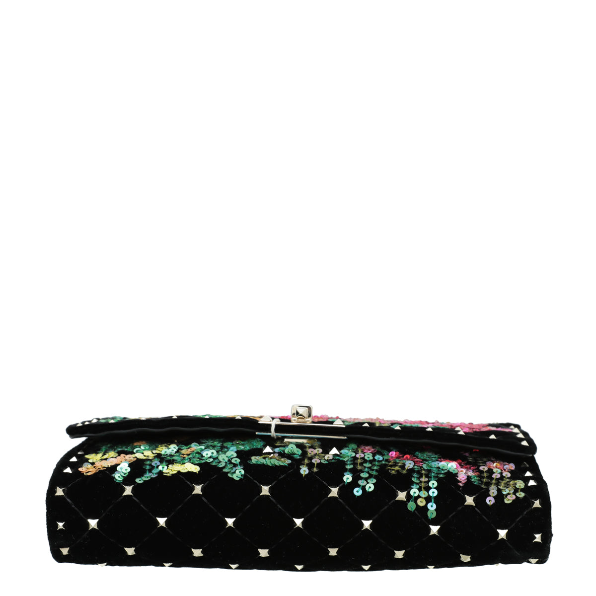 Valentino Black Multicolor Velvet Sequins Spike Rockstud Wallet On Chain
