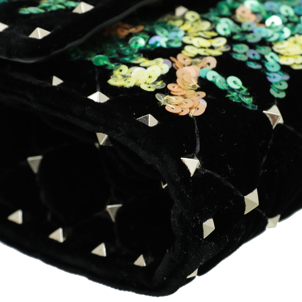 Valentino Black Multicolor Velvet Sequins Spike Rockstud Wallet On Chain