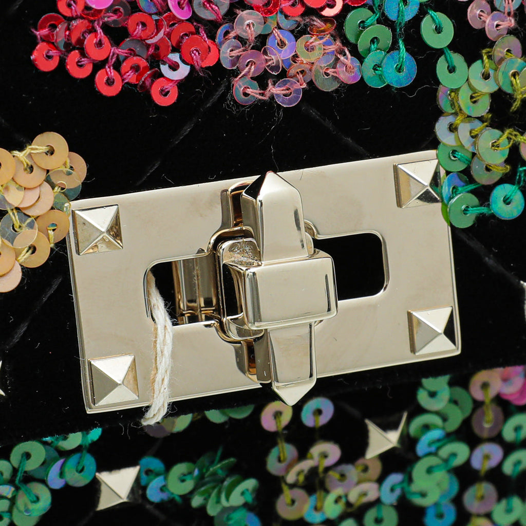 Valentino Black Multicolor Velvet Sequins Spike Rockstud Wallet On Chain