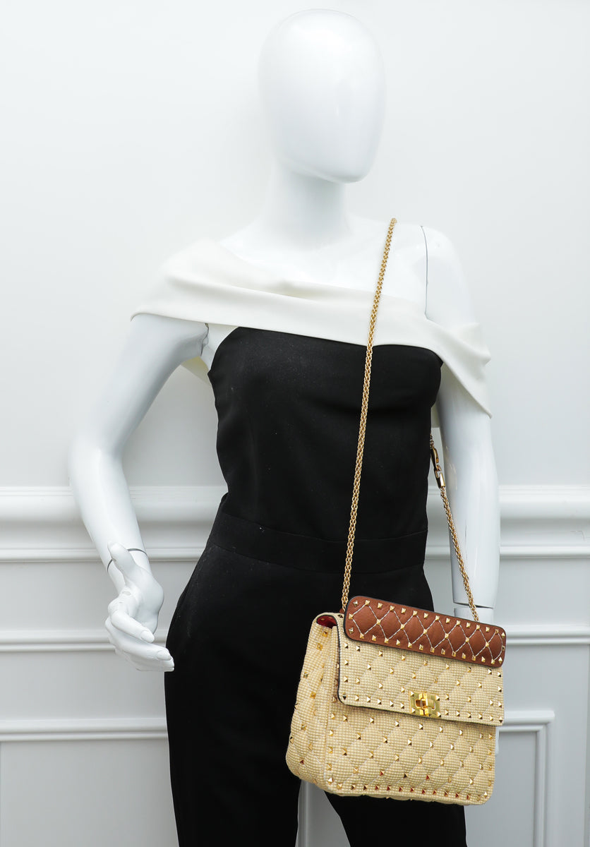 Valentino Beige Spike Rockstud Medium Flap Bag