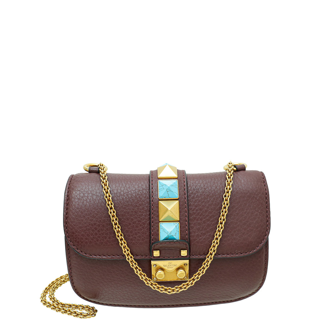 Valentino Burgundy Rockstud Glam Lock Small Chain Bag
