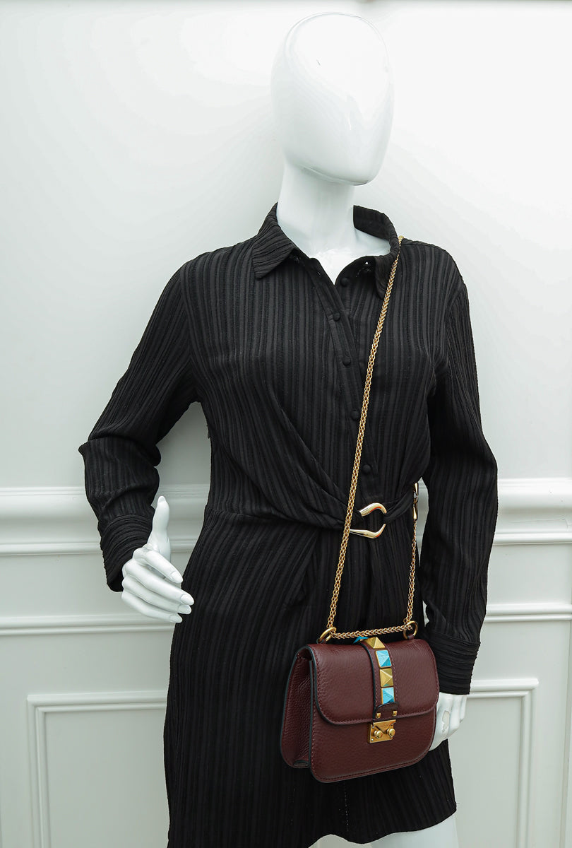 Valentino Burgundy Rockstud Glam Lock Small Chain Bag