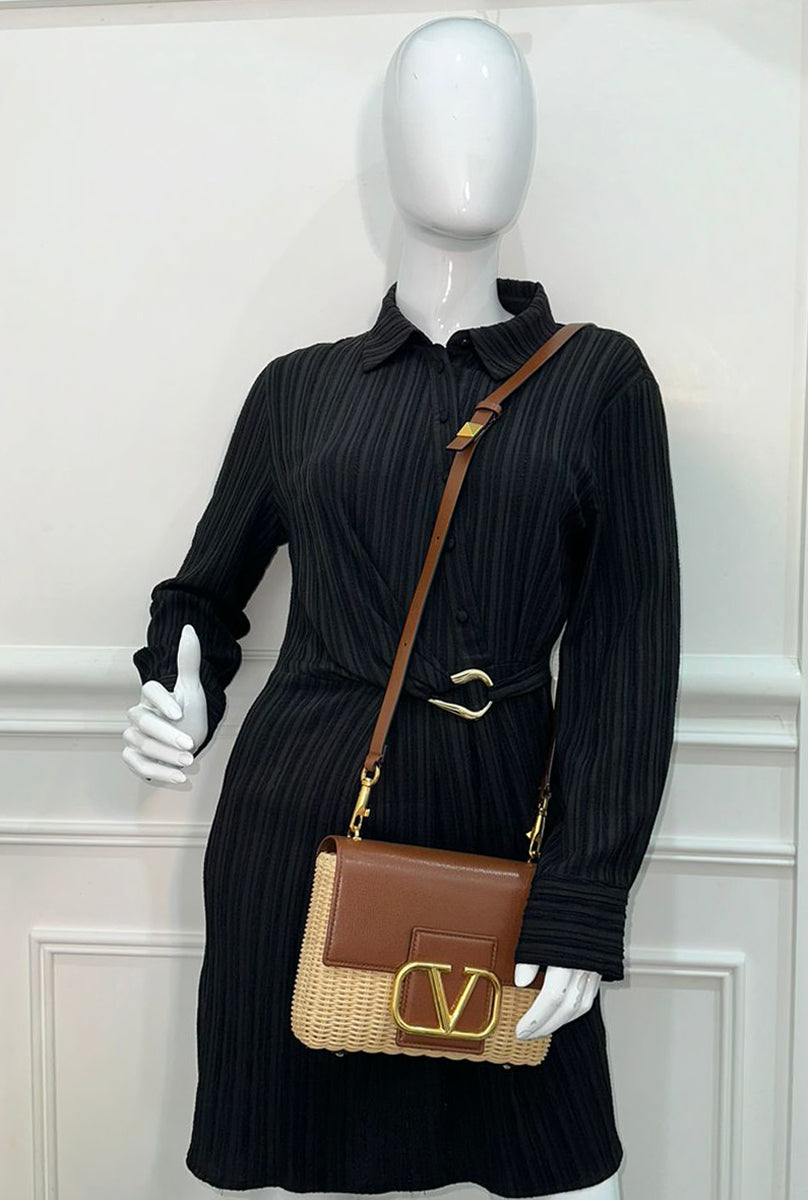 Valentino Bicolor Vlogo Embellished Trimmed Raffia Bag