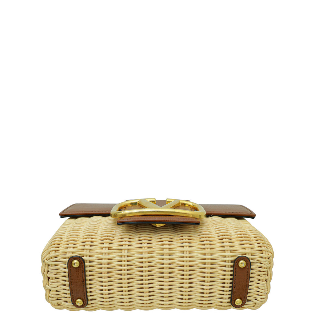 Valentino Bicolor Vlogo Embellished Trimmed Raffia Bag