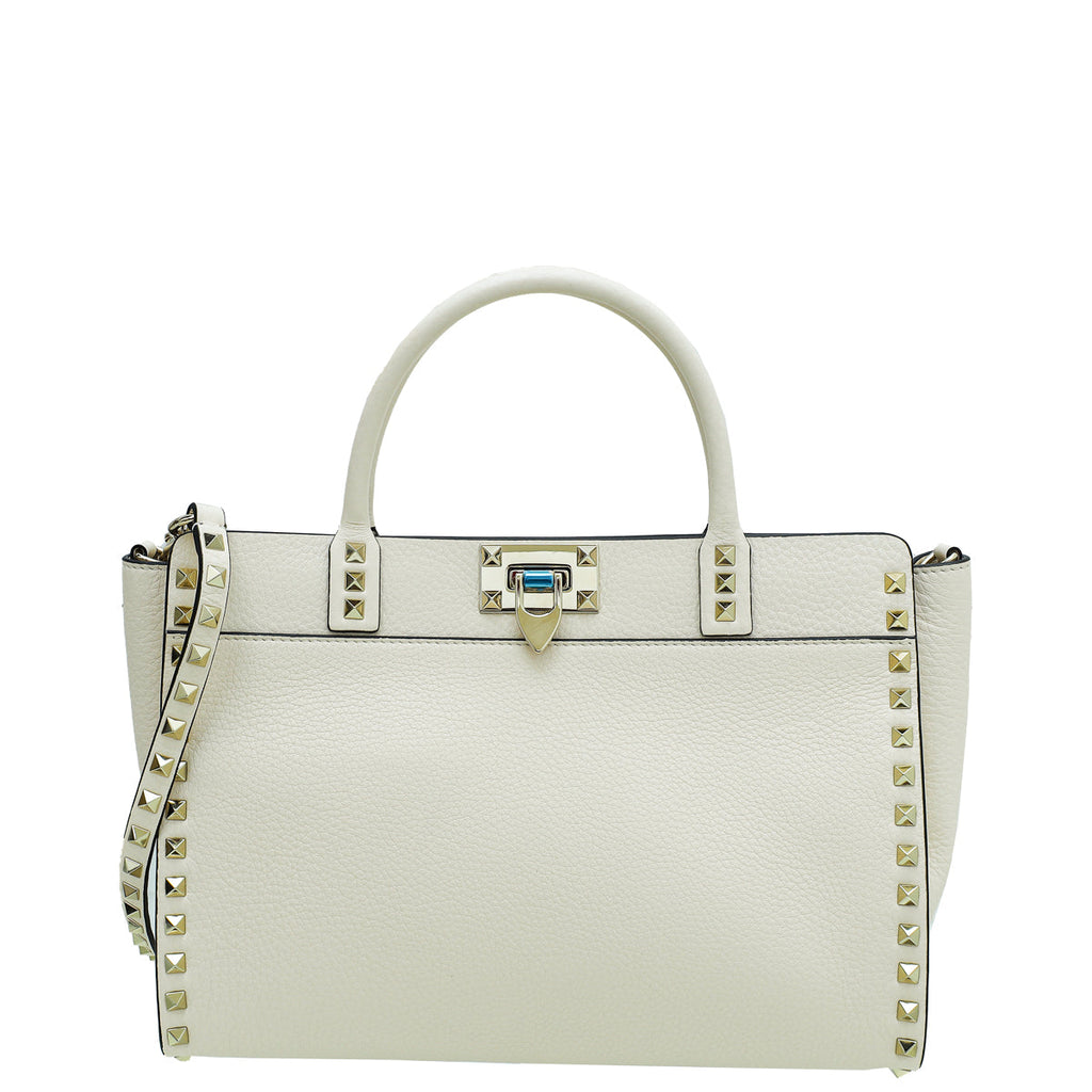 Valentino Cream Rockstud Flip-Lock Top Handle Medium Satchel Bag