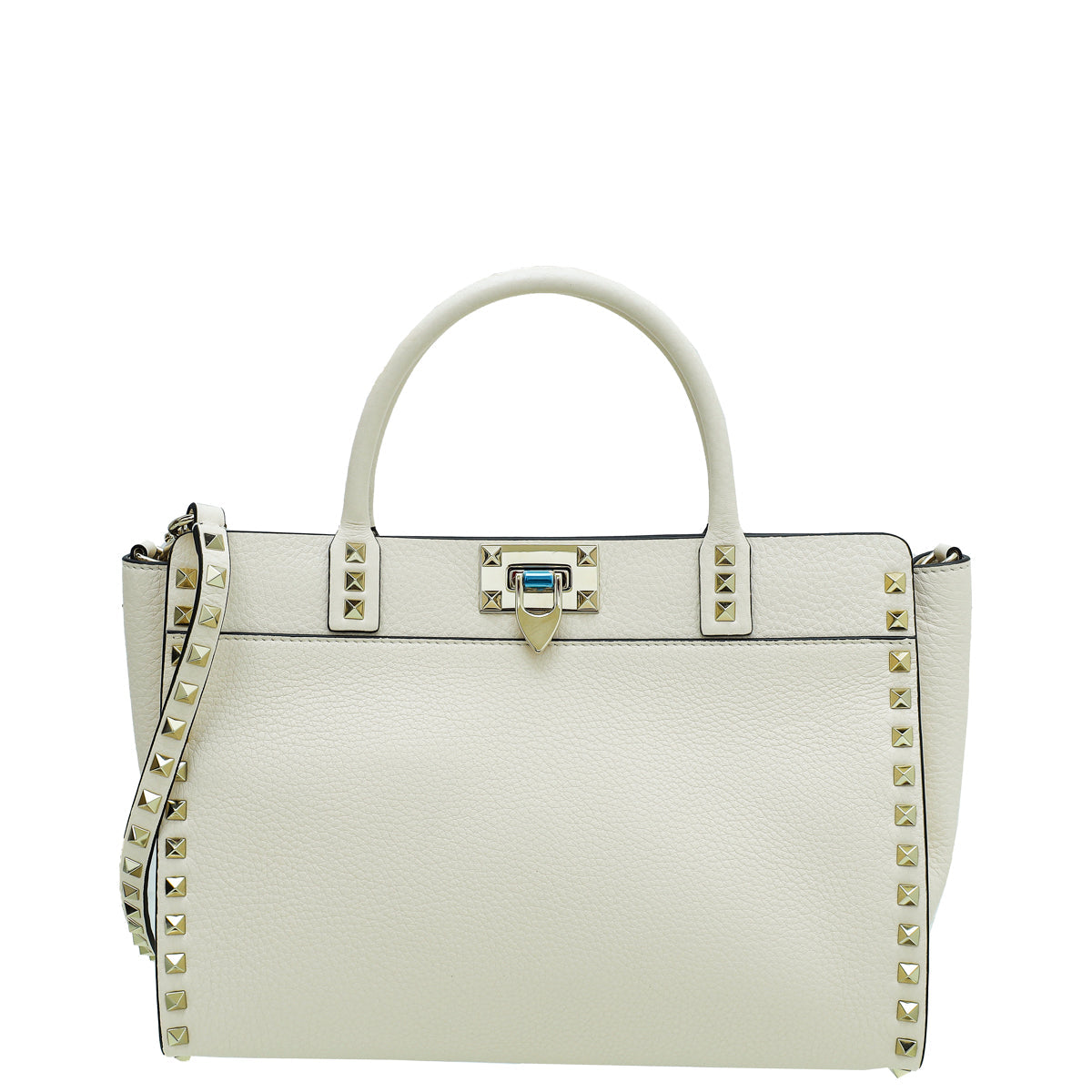 Valentino Cream Rockstud Flip-Lock Top Handle Medium Satchel Bag