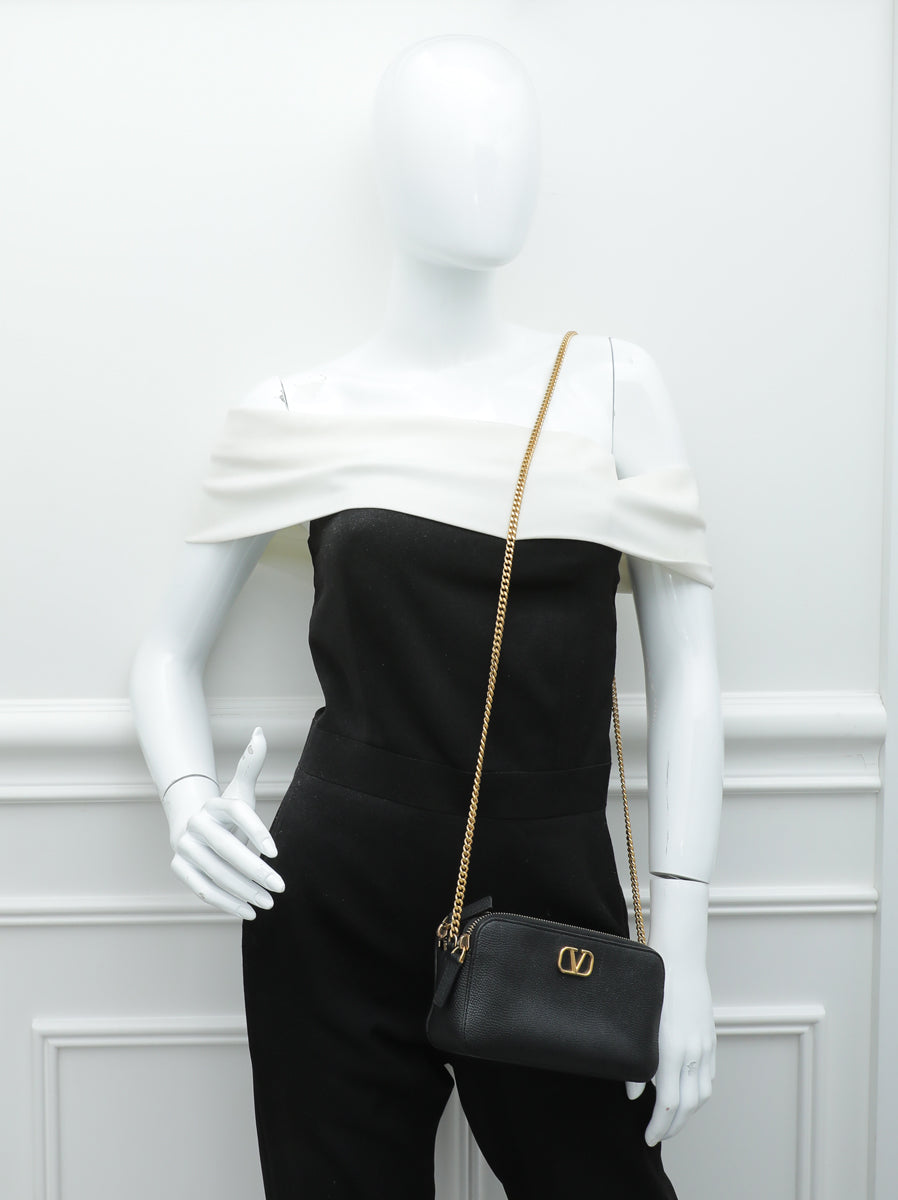 Valentino Black VLOGO Double Zip Chain Crossbody Bag