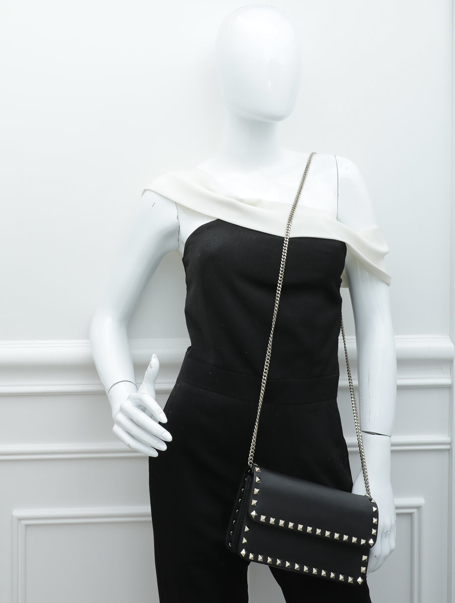 Valentino Black Rockstud Flap Chain Clutch