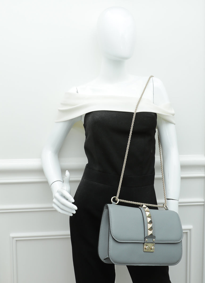Valentino Light Gray Rockstud Glam Lock Medium Bag