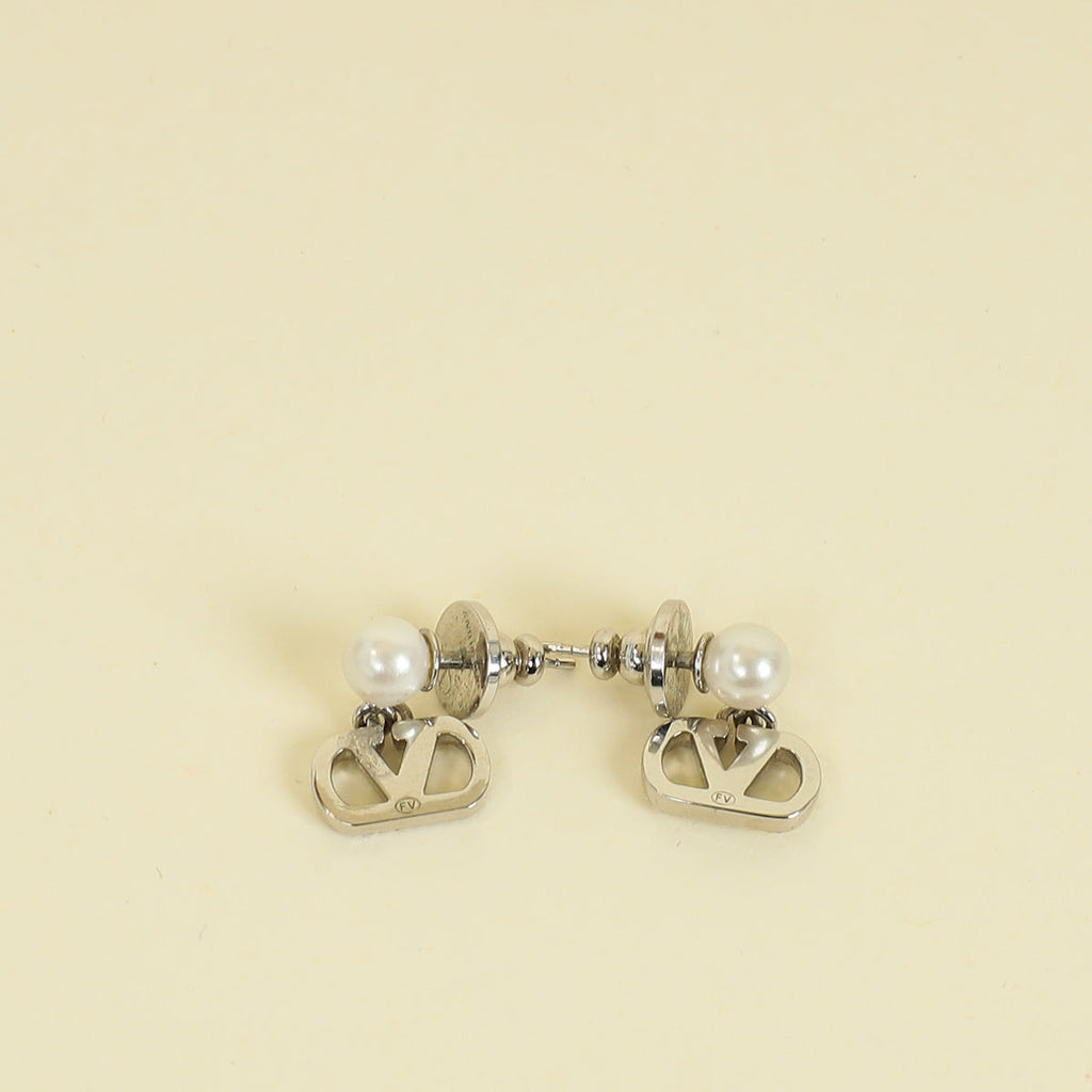Valentino Silver Vlogo Crystal And Pearl Earrings