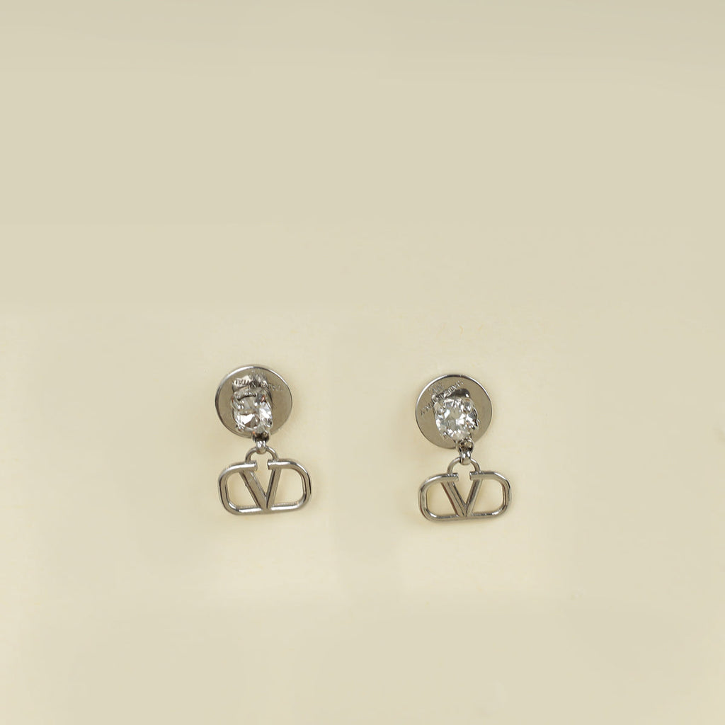 Valentino Silver VLogo w/ Crystal Stud Earrings