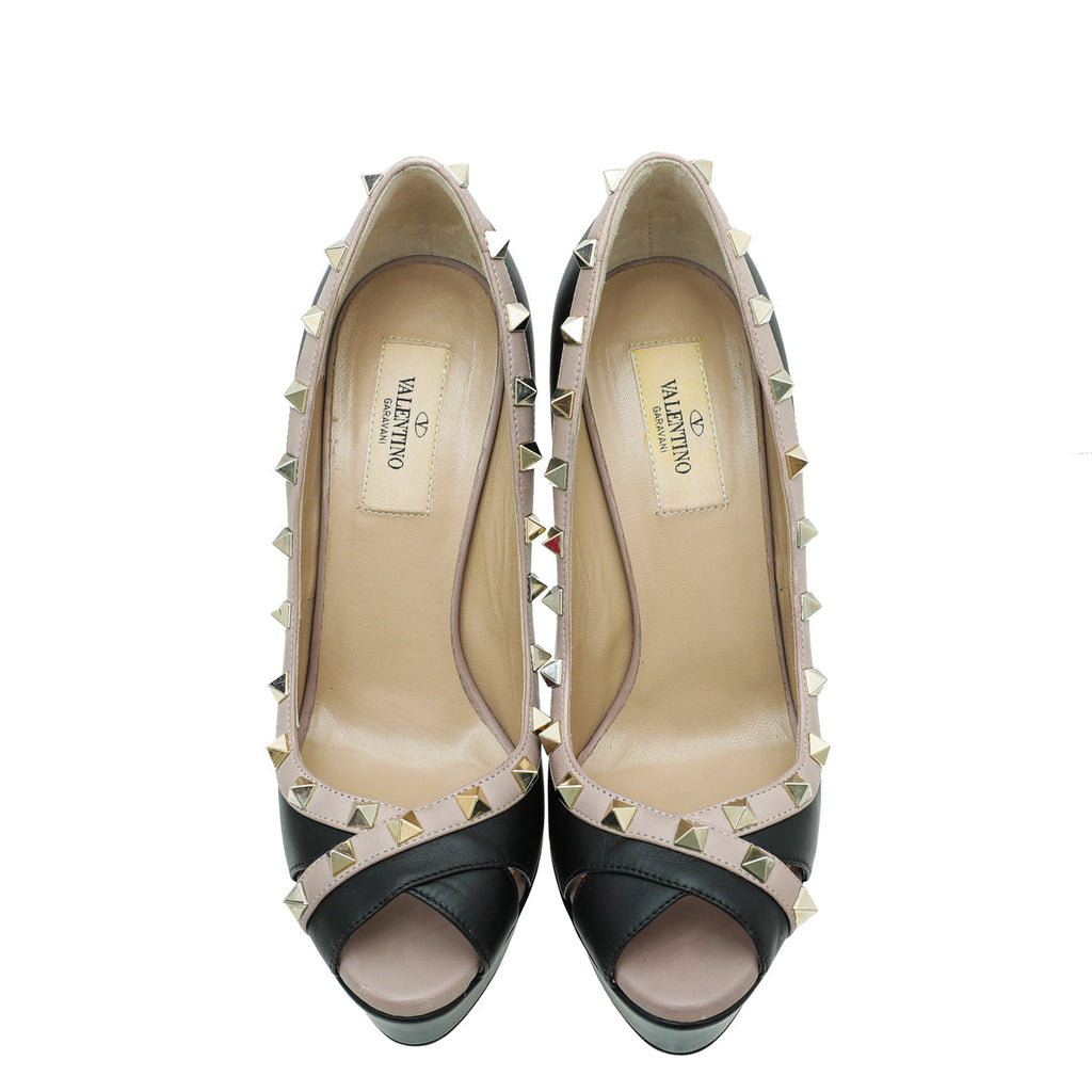 Valentino Bicolor Rockstud Crisscross Peep Toe Platform Pumps 38