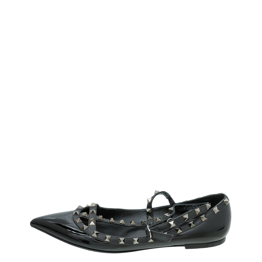 Valentino Black Rockstud Caged Ankle Strap Flat Ballerina 41