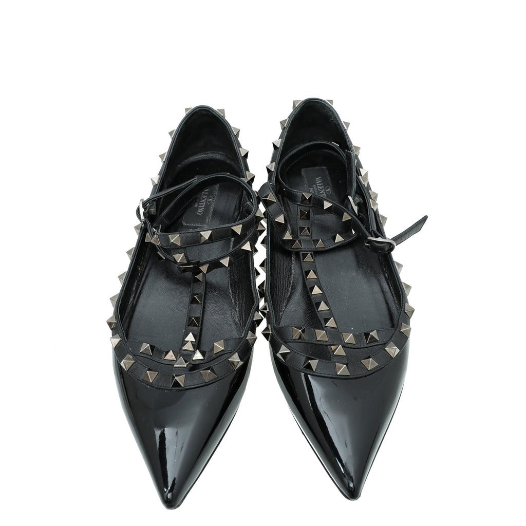 Valentino Black Rockstud Caged Ankle Strap Flat Ballerina 41