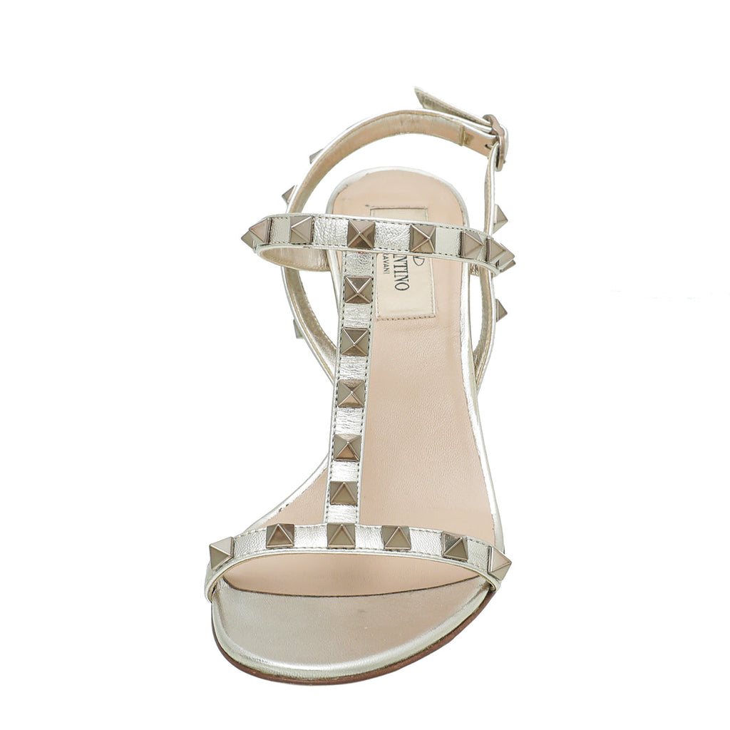 Valentino Metallic Silver Champagne Rockstud T Strap Slingback Heeled Sandals 36